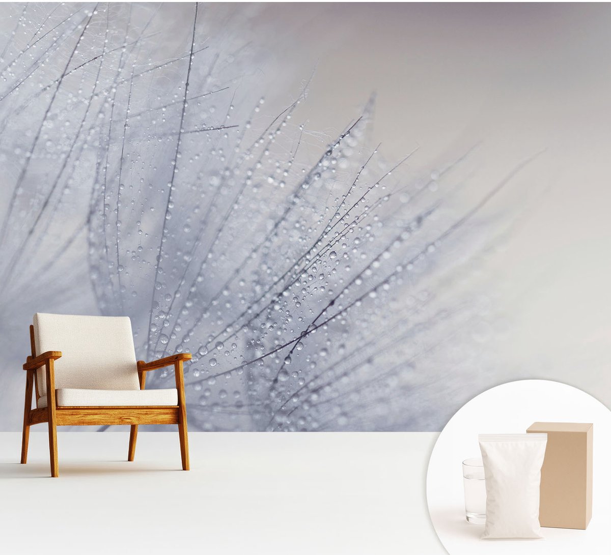 Wallfluent Fotobehang - Wit Vliesbehang - 312x219 cm - Dauwige Paardenbloem Muurschildering - Slaapkamer behang Bloemen En Planten - Fotobehang Vlies - Slaapkamer behang