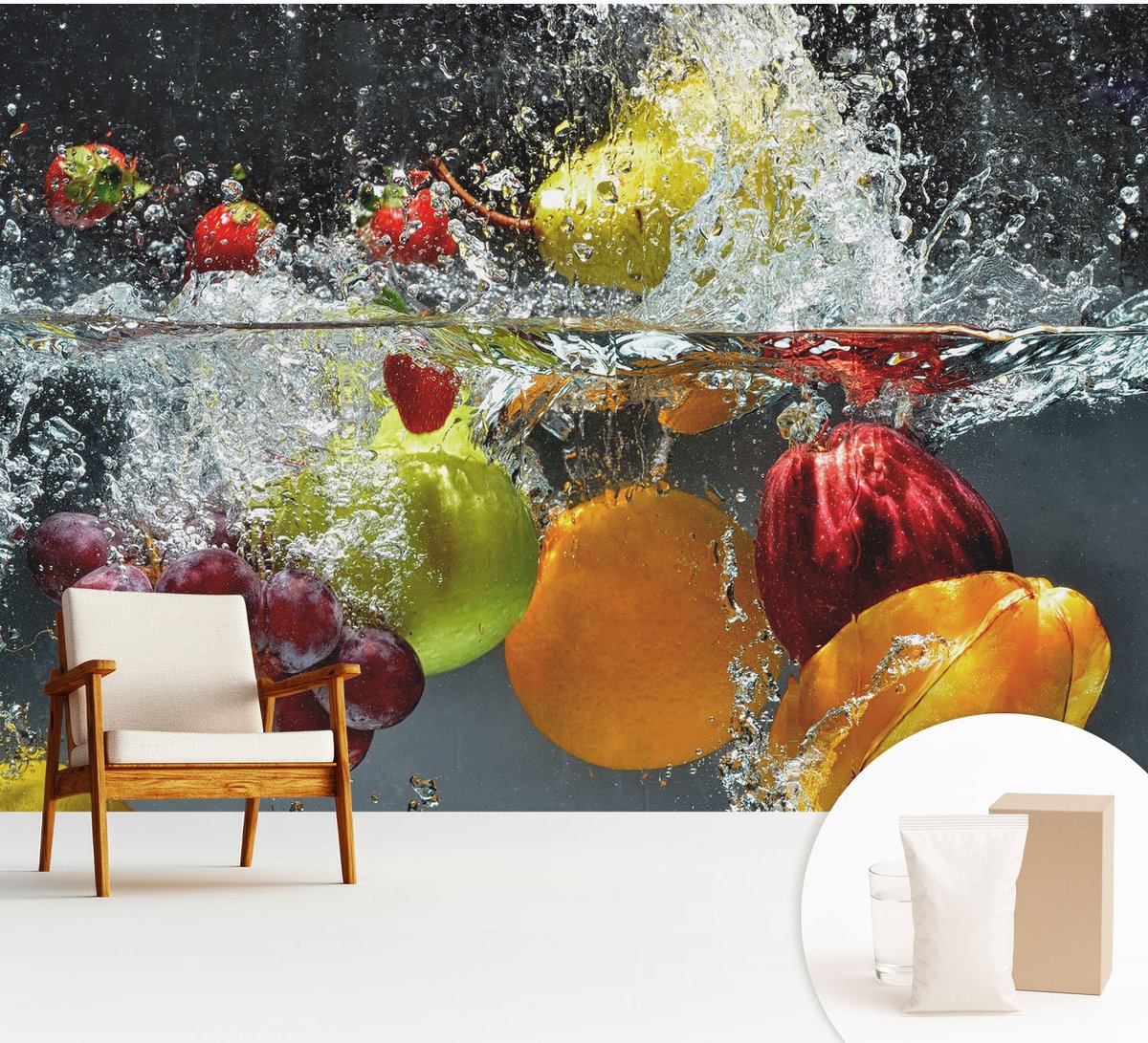 Wallfluent Fotobehang - Grijs Vliesbehang - 312x219 cm - Fruit In Water Muurschildering - Gang behang Voedsel - Fotobehang Vlies - Gang behang