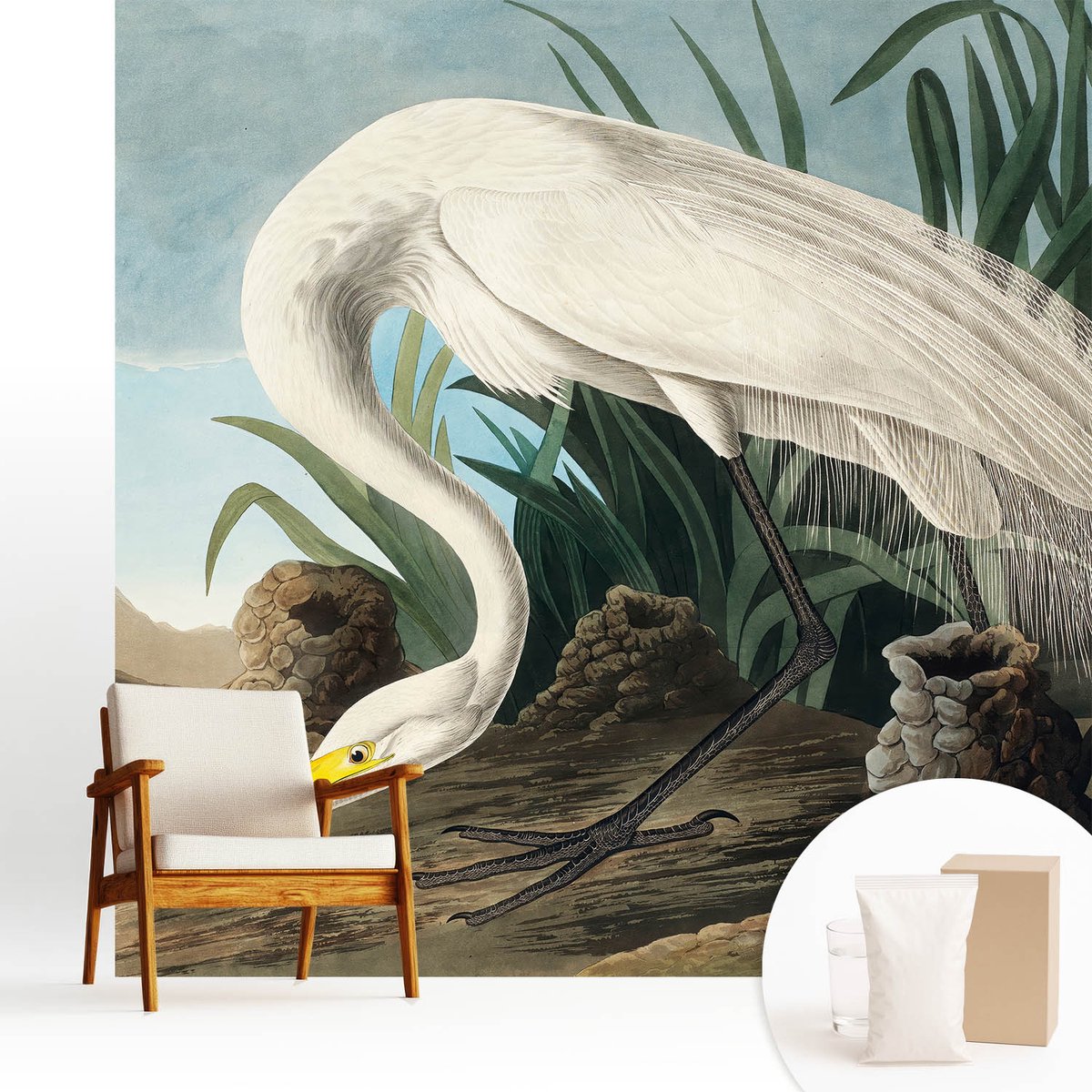 Wallfluent Fotobehang - Wit Vliesbehang - 250x250 cm - Majestueuze Reiger Fotobehang Vlies - Hal behang Dieren - Muurschildering - Hal behang