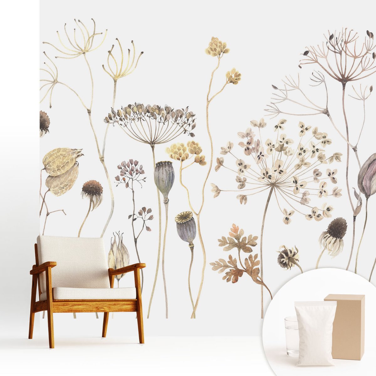 Wallfluent Fotobehang - Beige Vliesbehang - 250x250 cm - Wilde Bloemen Fotobehang Vlies - Hal behang Bloemen En Planten - Muurschildering - Woonkamer behang