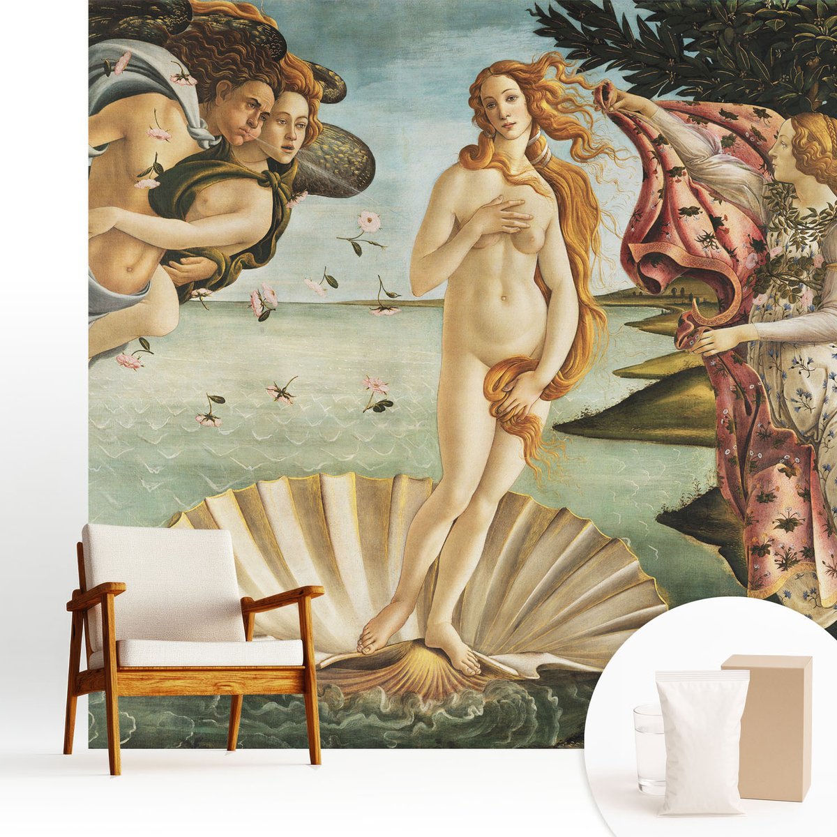 Wallfluent Fotobehang - Zwart Vliesbehang - 250x250 cm - De Geboorte Van Venus Fotobehang Vlies - Hal behang Deel - Muurschildering - Woonkamer behang