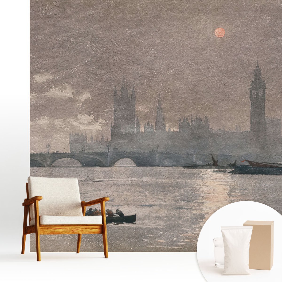 Wallfluent Fotobehang - Grijs Vliesbehang - 250x250 cm - Nachtpanorama Muurschildering - Gang behang Landschappen - Fotobehang Vlies - Slaapkamer behang