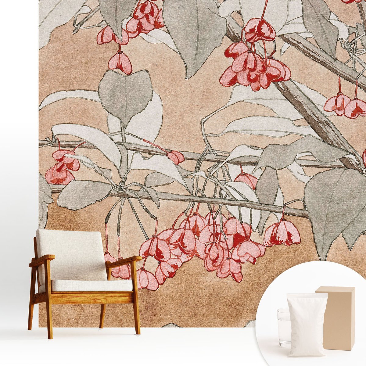 Wallfluent Fotobehang - Bruin Vliesbehang - 250x250 cm - Bloemenharmonie Fotobehang Vlies - Hal behang Bloemen En Planten - Muurschildering - Woonkamer behang