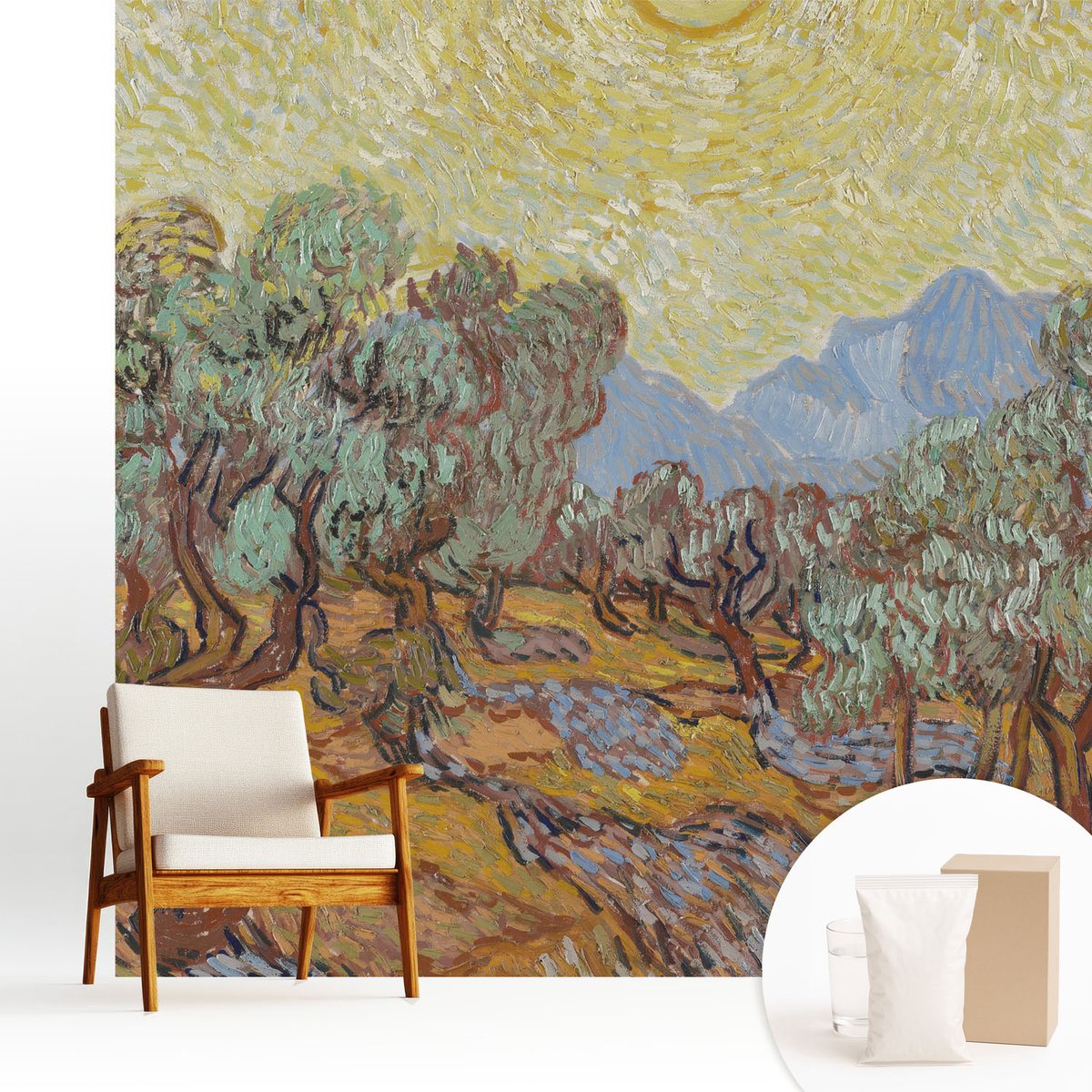 Wallfluent Fotobehang - Geel Vliesbehang - 250x250 cm - Olijfbomen Muurschildering - Slaapkamer behang Bloemen En Planten - Fotobehang Vlies - Slaapkamer behang