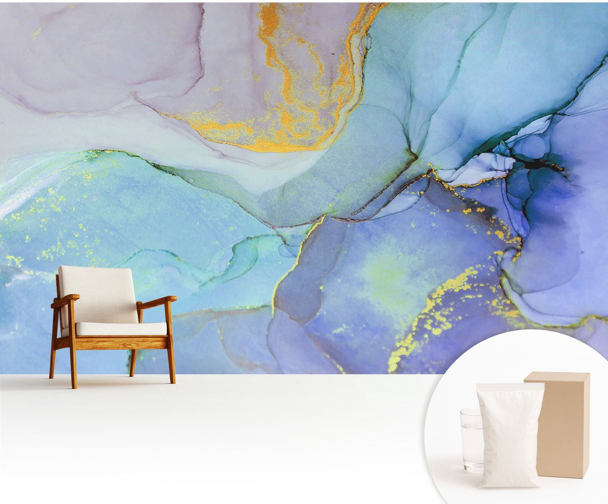 Wallfluent Fotobehang - Blauw Vliesbehang - 416x254 cm - Aquarelvormen Fotobehang Vlies - Hal behang Abstractie - Muurschildering - Hal behang