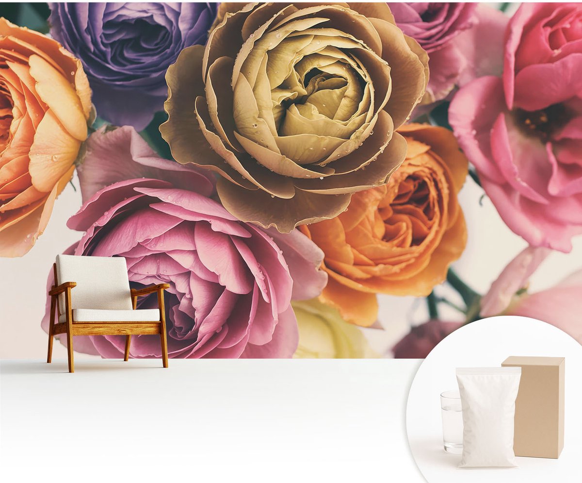 Wallfluent Fotobehang - Roze Vliesbehang - 416x254 cm - Kleurrijke Rozen Muurschildering - Gang behang Bloemen En Planten - Fotobehang Vlies - Gang behang