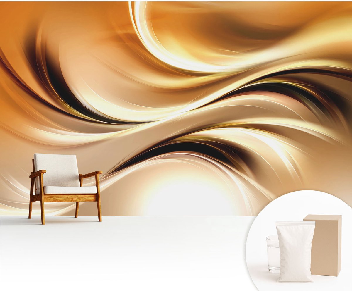 Wallfluent Fotobehang - Beige Vliesbehang - 416x254 cm - Vloeistofleidingen Muurschildering - Slaapkamer behang Abstractie - Fotobehang Vlies - Slaapkamer behang