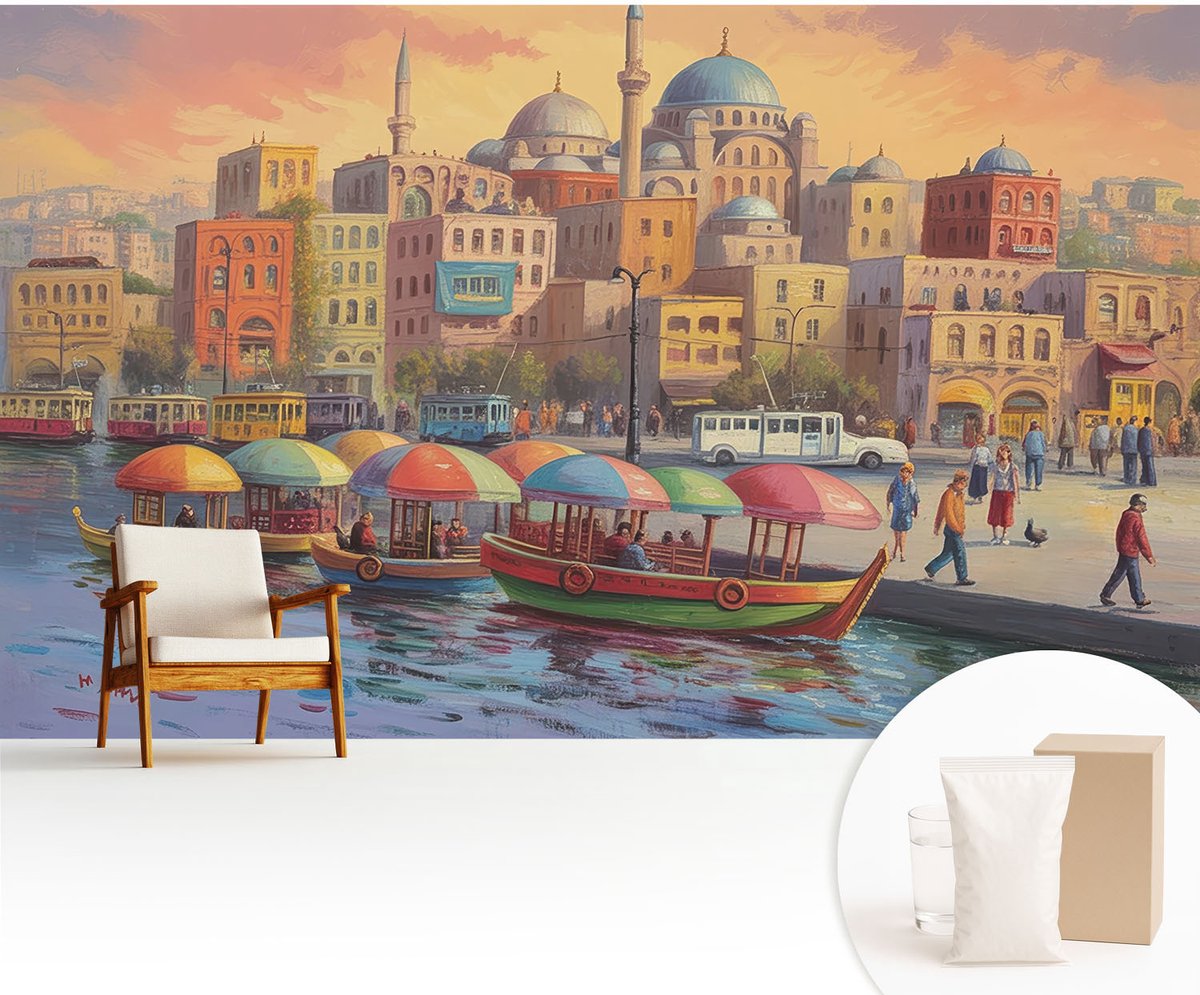 Wallfluent Fotobehang - Zwart Vliesbehang - 416x254 cm - Stedelijke Kust Fotobehang Vlies - Woonkamer behang Steden - Muurschildering - Woonkamer behang