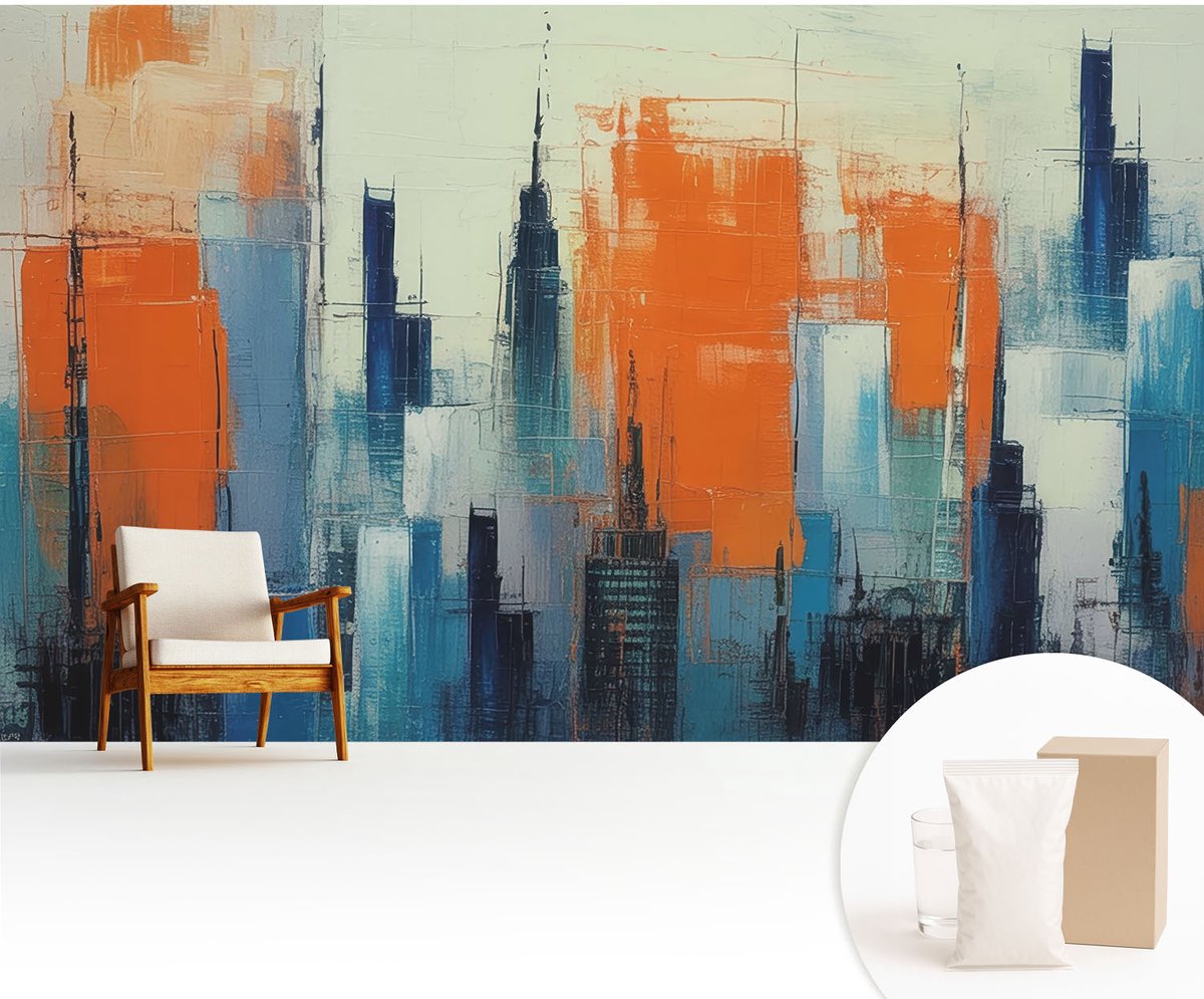 Wallfluent Fotobehang - Oranje Vliesbehang - 416x254 cm - Abstracte Stad Muurschildering - Slaapkamer behang Architectuur - Fotobehang Vlies - Slaapkamer behang