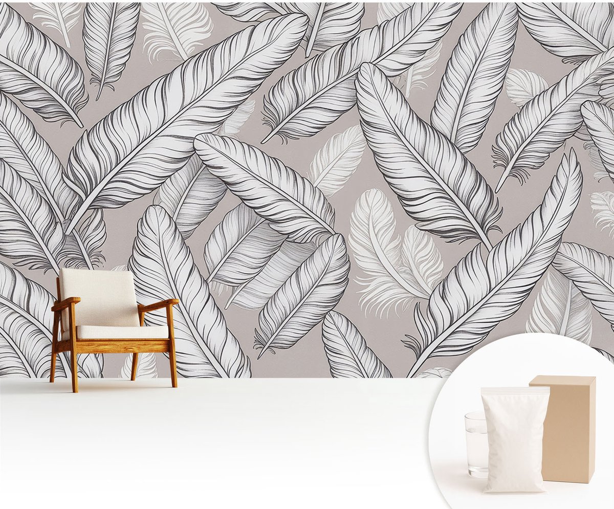 Wallfluent Fotobehang - Grijs Vliesbehang - 416x254 cm - Subtiele Veren Fotobehang Vlies - Hal behang Achtergronden En Patronen - Muurschildering - Woonkamer behang