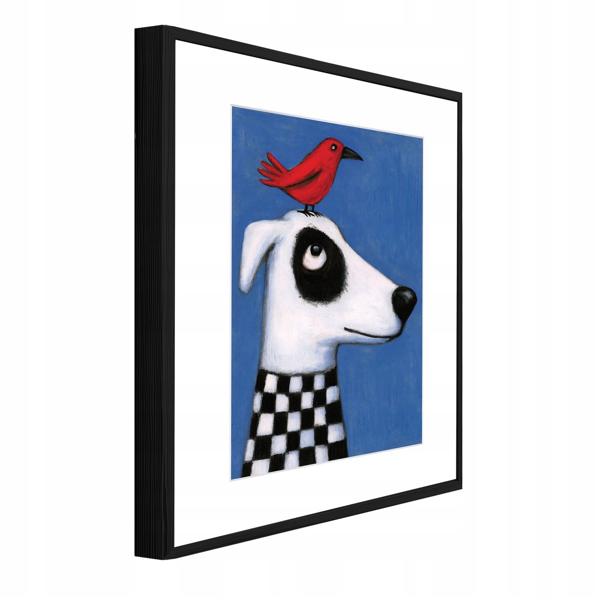 WALLARENA Schilderij met reliëf en passe-partout 90x60 cm - zwarte lijst - hond en vogel in folkstijl - wanddecoratie voor woonkamer en slaapkamer Blauw