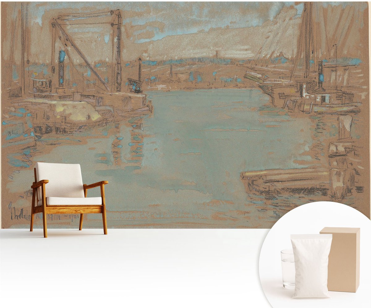 Wallfluent Fotobehang - Bruin Vliesbehang - 416x254 cm - Uitzicht Vanuit De Haven Fotobehang Vlies - Woonkamer behang Landschappen - Muurschildering - Woonkamer behang