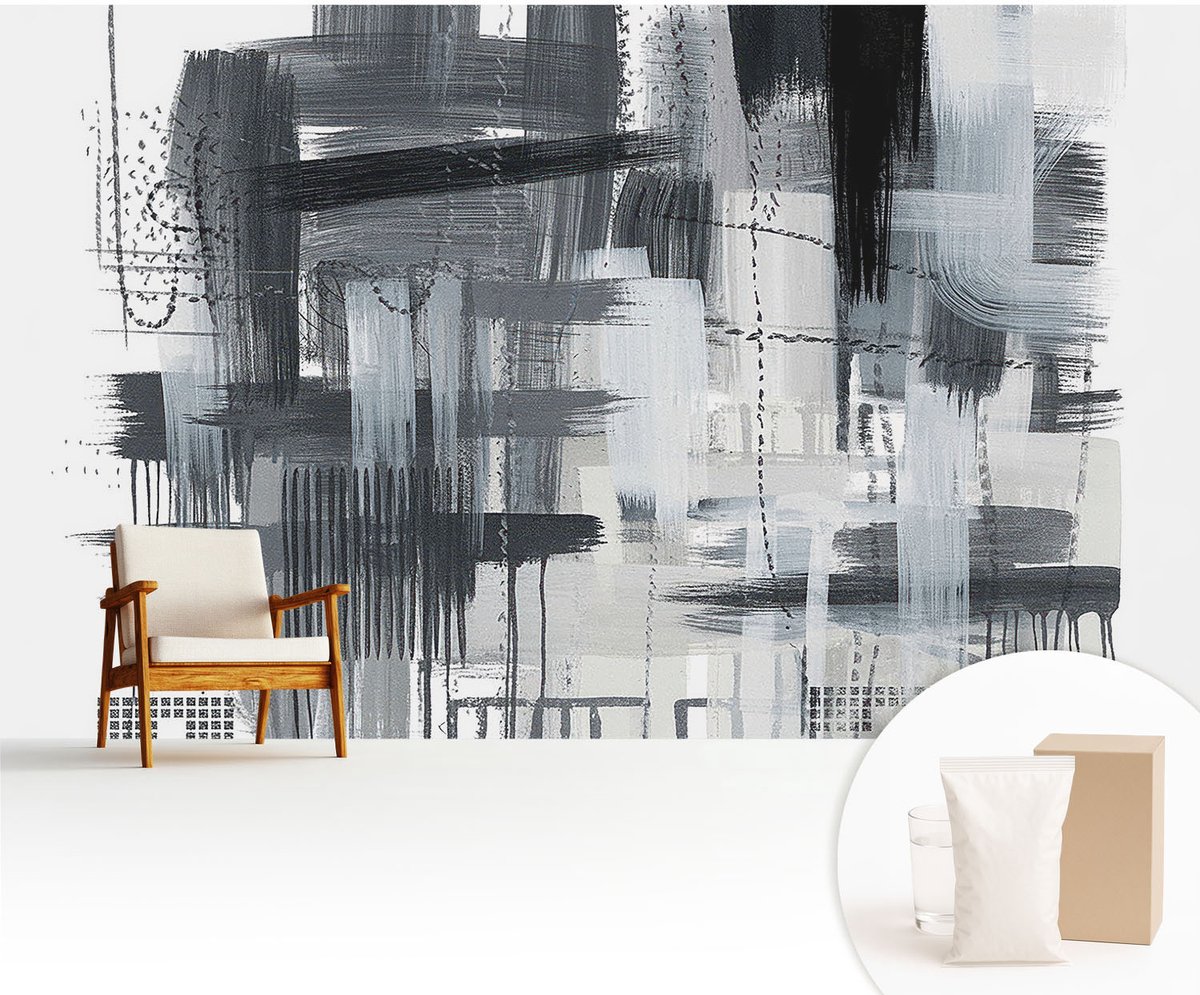 Wallfluent Fotobehang - Zwart Vliesbehang - 416x254 cm - Moderne Kunst Fotobehang Vlies - Hal behang Abstractie - Muurschildering - Hal behang