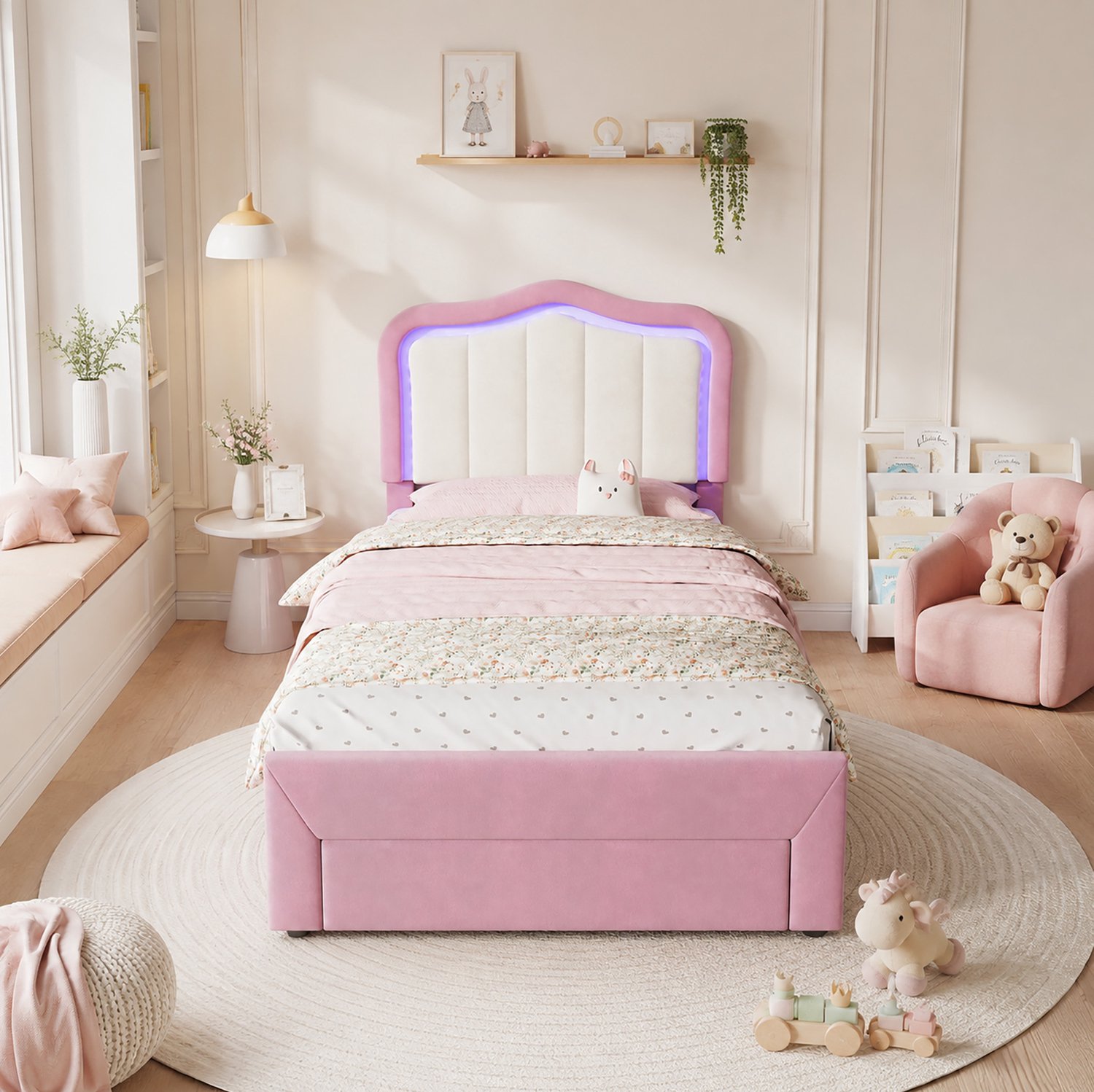 WUVRIE Kinderbed 90x200 cm - Met bedlade, appgestuurde LED-verlichting en wit hoofdbord - Roze