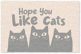 Beige deurmat met de tekst 'Hope You Like Cats' en drie grijze kattengezichten onderaan.