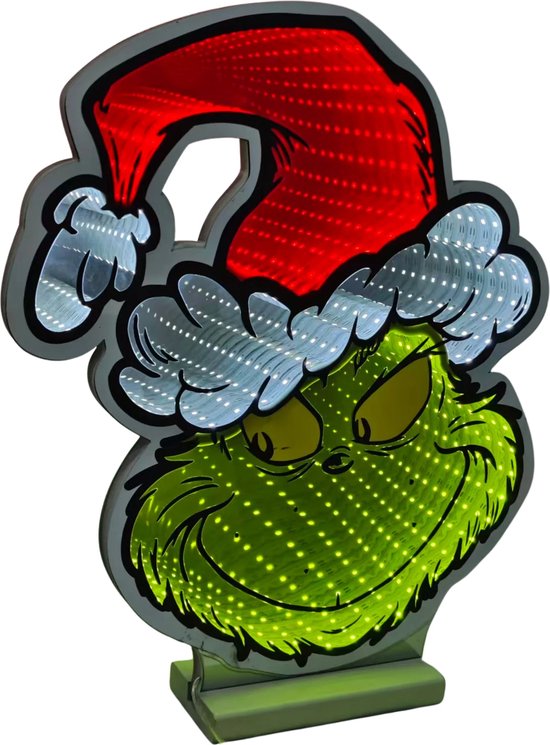 Verlichte infinity Grinch-decoratie met een rode kerstmuts en een groene, ondeugende uitstraling.