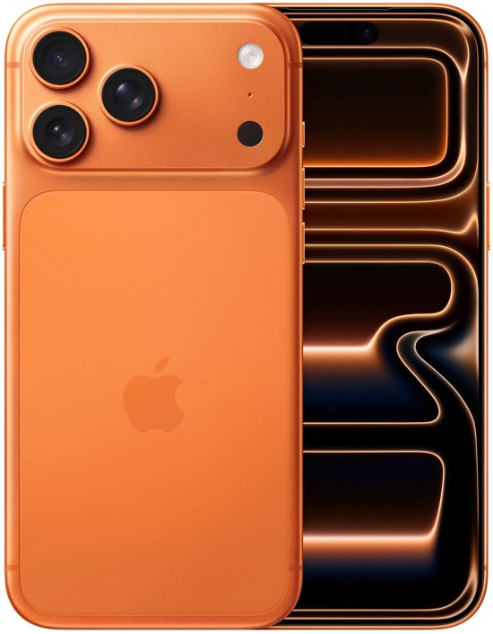 Achterkant van een oranje smartphone met Apple-logo naast de voorzijde met vloeiend verlicht scherm.