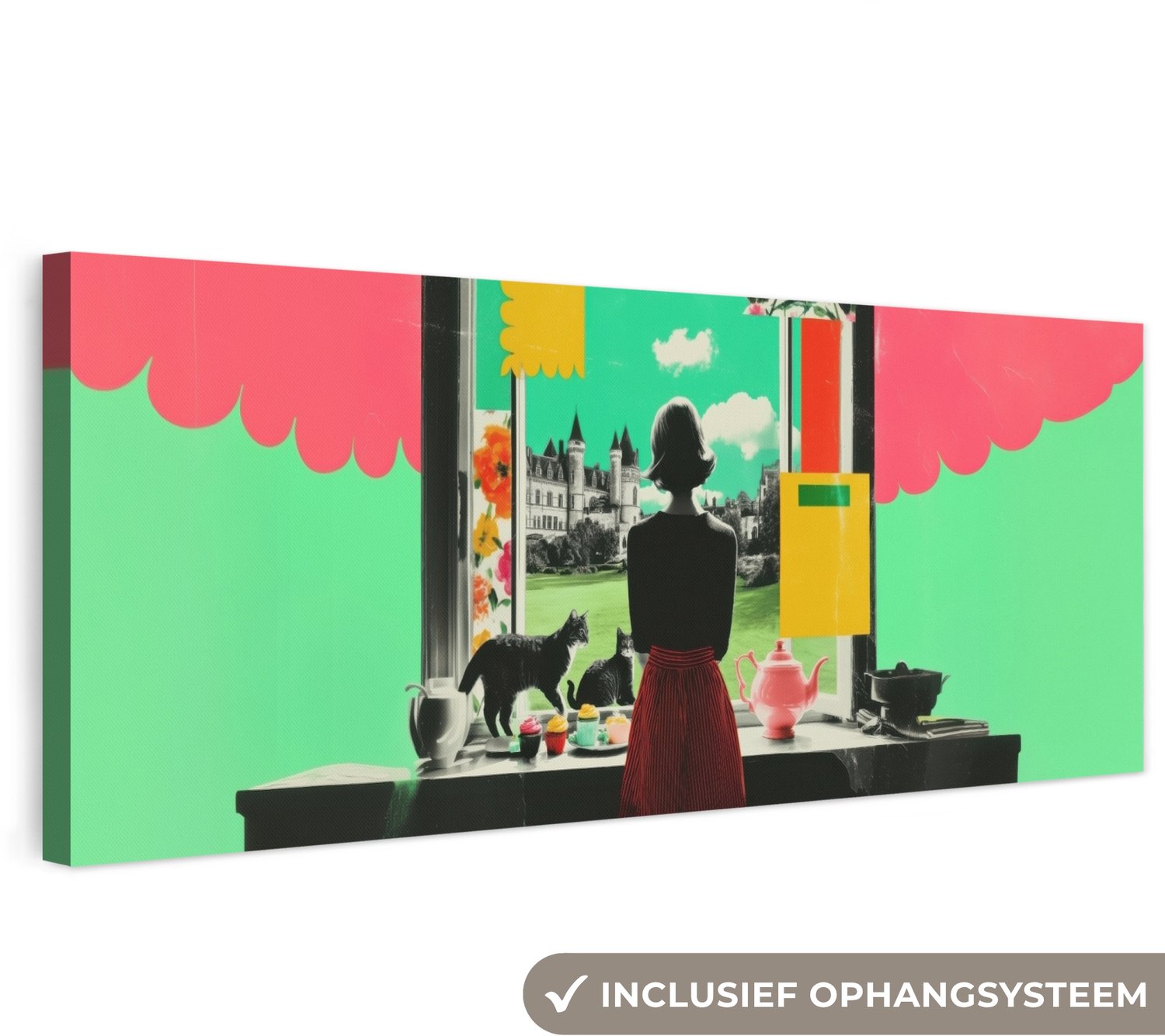 Canvas schilderij 150x50 cm - Exclusieve wanddecoratie Vrouw - Keuken - Katten - Doorkijk - Muurdecoratie woonkamer - Slaapkamer decoratie - Kamer accessoires - Schilderijen op canvas