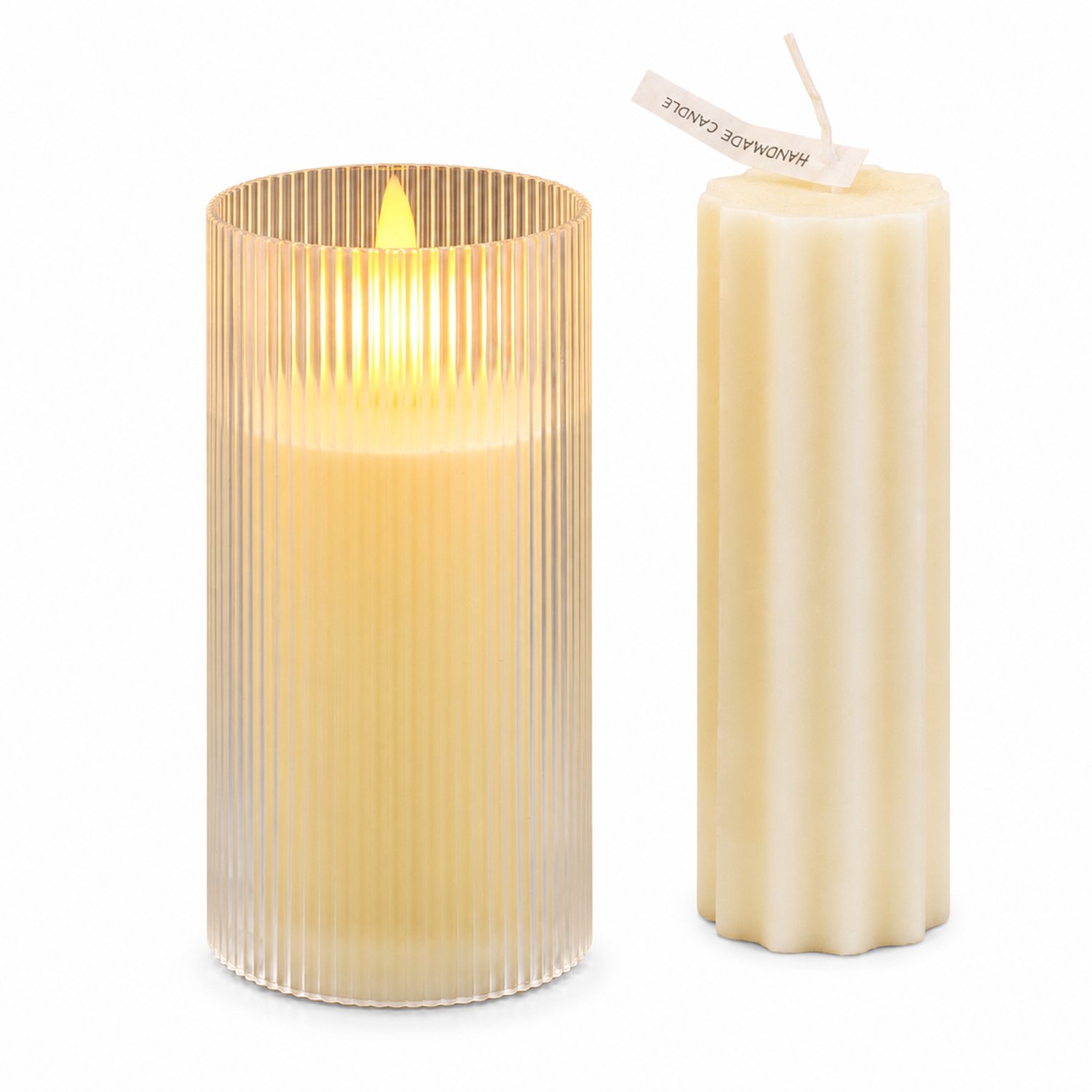 led kaarsen - Ivoorwitte led-kaarslamp van 8 x 15 cm met verticaal geribbelde behuizing voor sfeerdecoratie