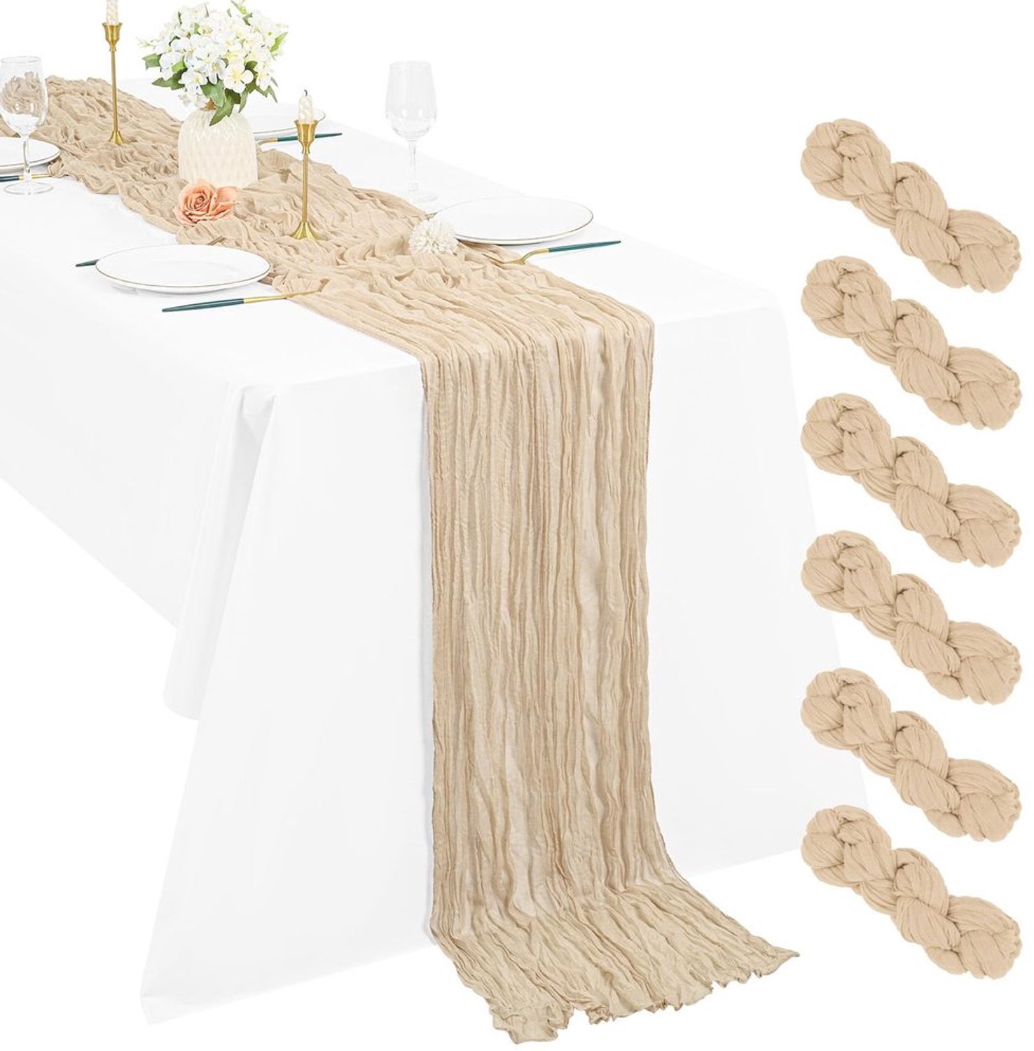 Beige Mesh Tafelrunner 6 Stuks 55 x 300 CM - Boho Decoratie voor Feesten