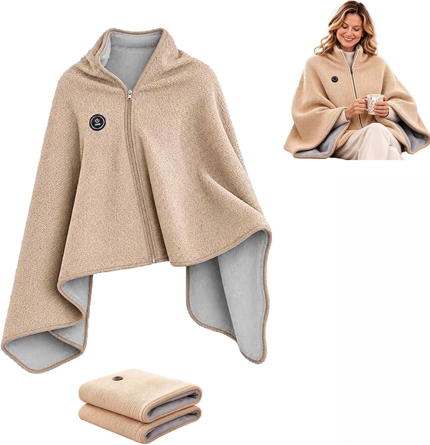 Namajunas - Verwarmde omslagdoeken - Fleece omslagdoek - 150 x 80 cm - omslagdoeken met 3 Standen - Elektrische Deken - Warmtedeken - Warmte Poncho - Voor Dames en Heren - Machinewasbaar - Verwarmende Fleecedeken - Hitte Deken - Beige