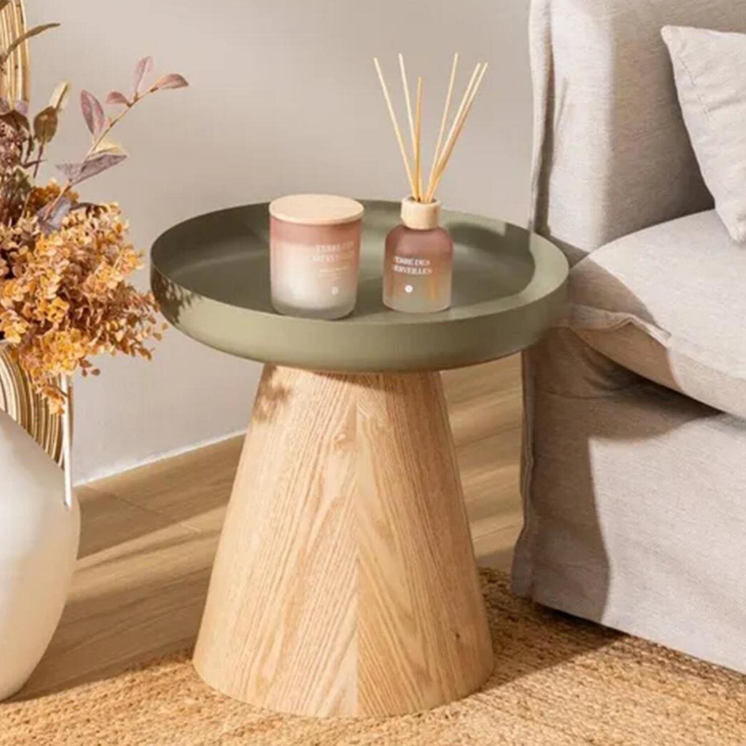 Atmosphera bijzettafel Hercyna - naturel/groen - rond - H42 x D40 cm - hout/metaal - koffietafel - opstaande rand