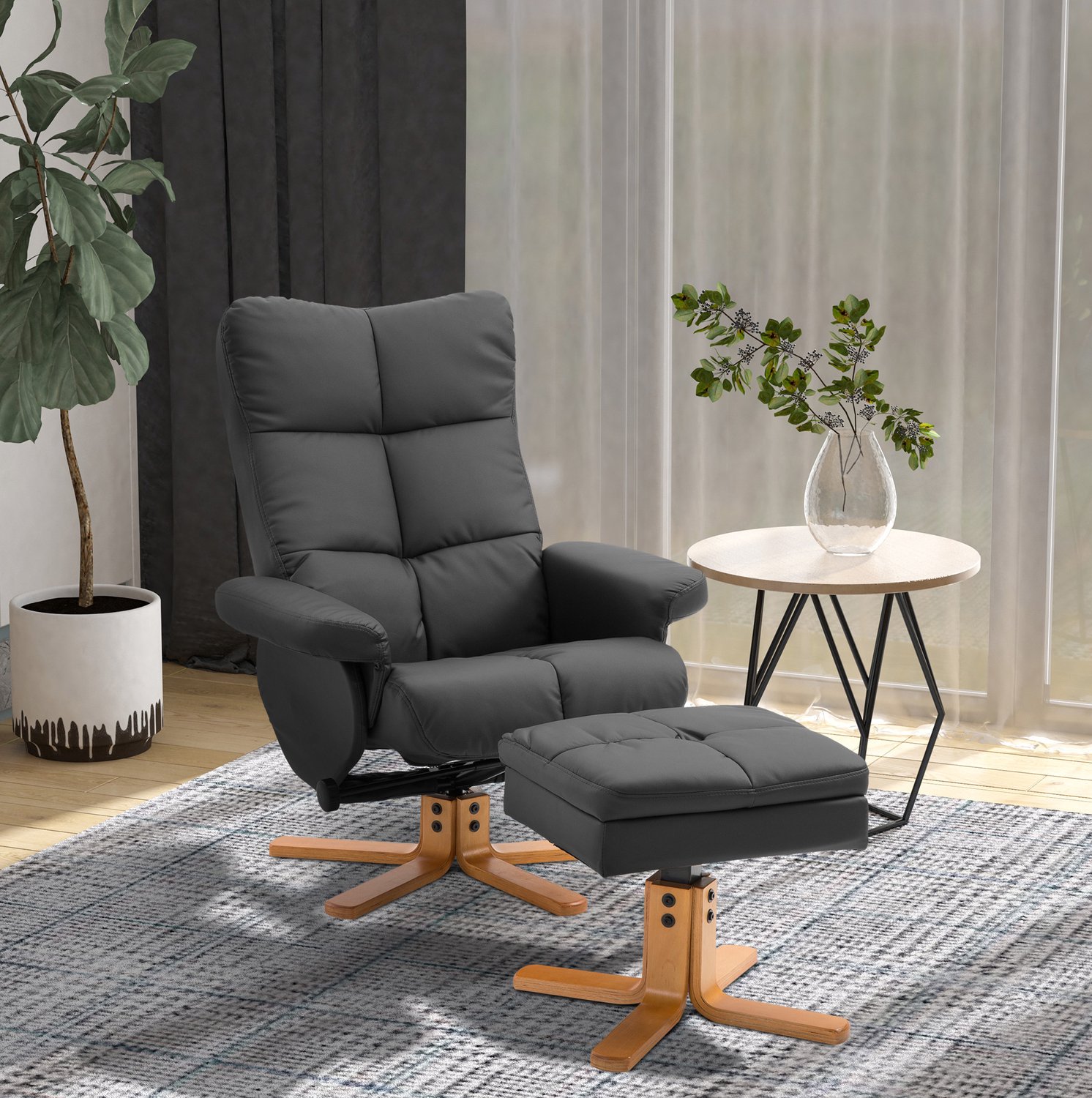 MIVRAY Relaxfauteuil Met Hocker 80 x 86 x 99 cm - Handmatig Verstelbaar en 360 Graden Draaibaar - Voor Woonkamer - Kunstleer Zwart