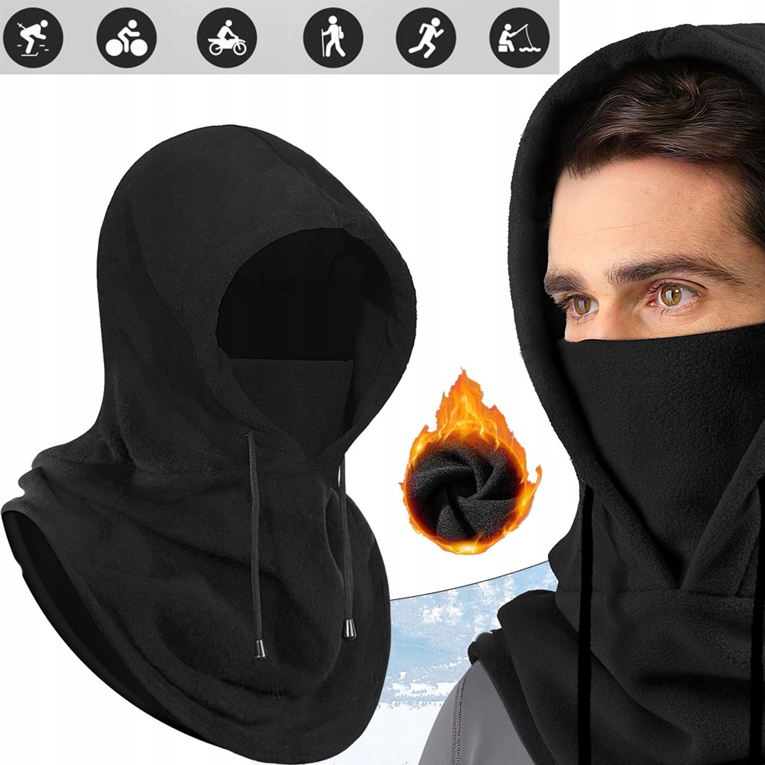 Warme Fleece Bivakmuts met Nekwarmer Winddicht Gezichtsmasker met 2 Trekkoorden voor Skiën Sneeuwscooter Fietsen en Winterse Outdooractiviteiten Zwart