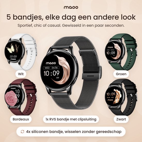 Zwarte smartwatch getoond met vijf verschillende horlogebandjes in zwart, wit, groen en bordeauxrood.