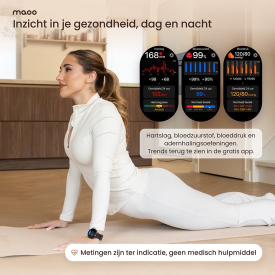 Vrouw voert yoga-oefening uit in lichte kamer met horloge om, toont grafieken voor hartslag, bloedzuurstof en bloeddruk.