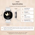 Specificaties van de smartwatch: 42 mm behuizing, 26 gram, IP67 waterbestendigheid en ondersteuning voor 18 talen.