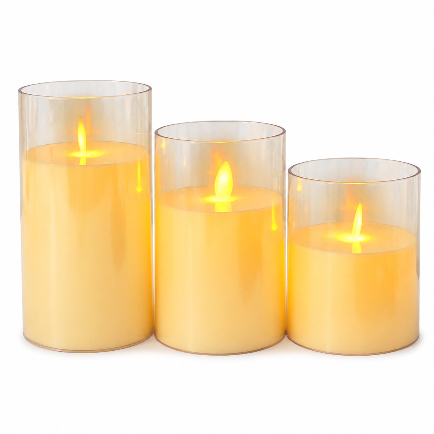 led kaarsen, set van 3, 7,5 x 10/12,5/15 cm, met transparante cilinders en warm licht voor sfeerdecoratie
