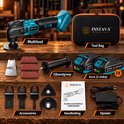 Instava multitool set met twee accu's, lader, accessoires, zijhandgreep, handleiding en opbergtas.
