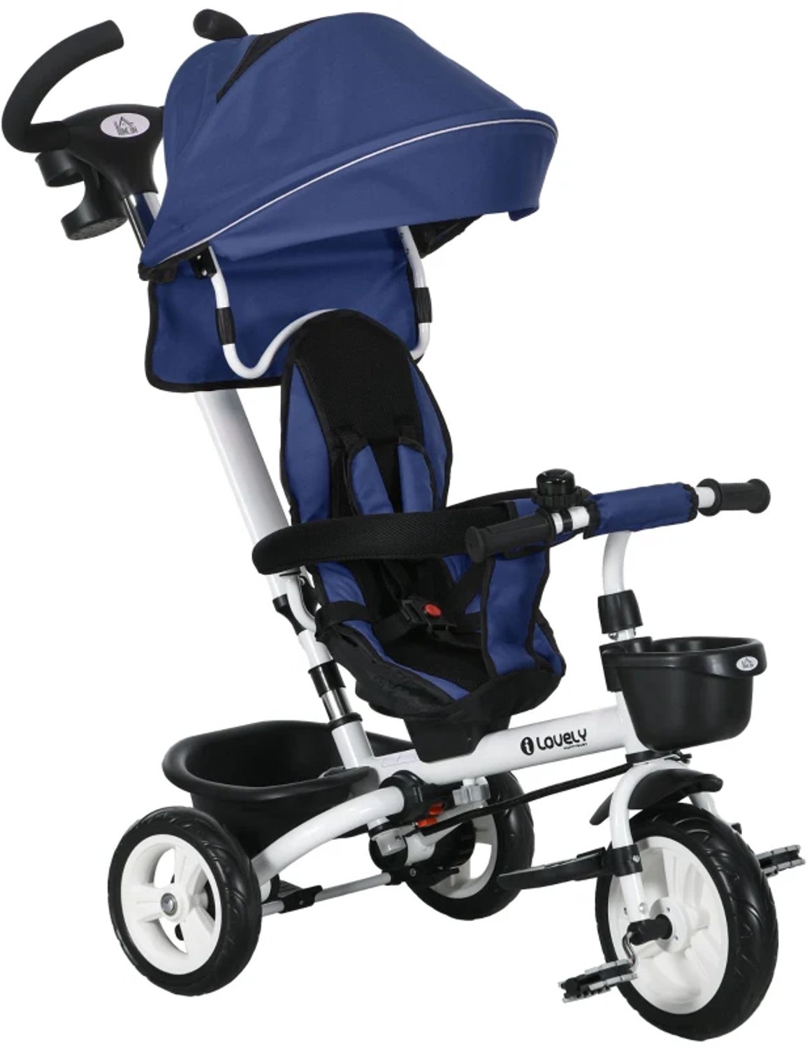 6-in-1 kinderdriewieler - Duwbeugel - Dak - Veiligheidsriem - Opbergmand - Vanaf 18 maanden - Donkerblauw