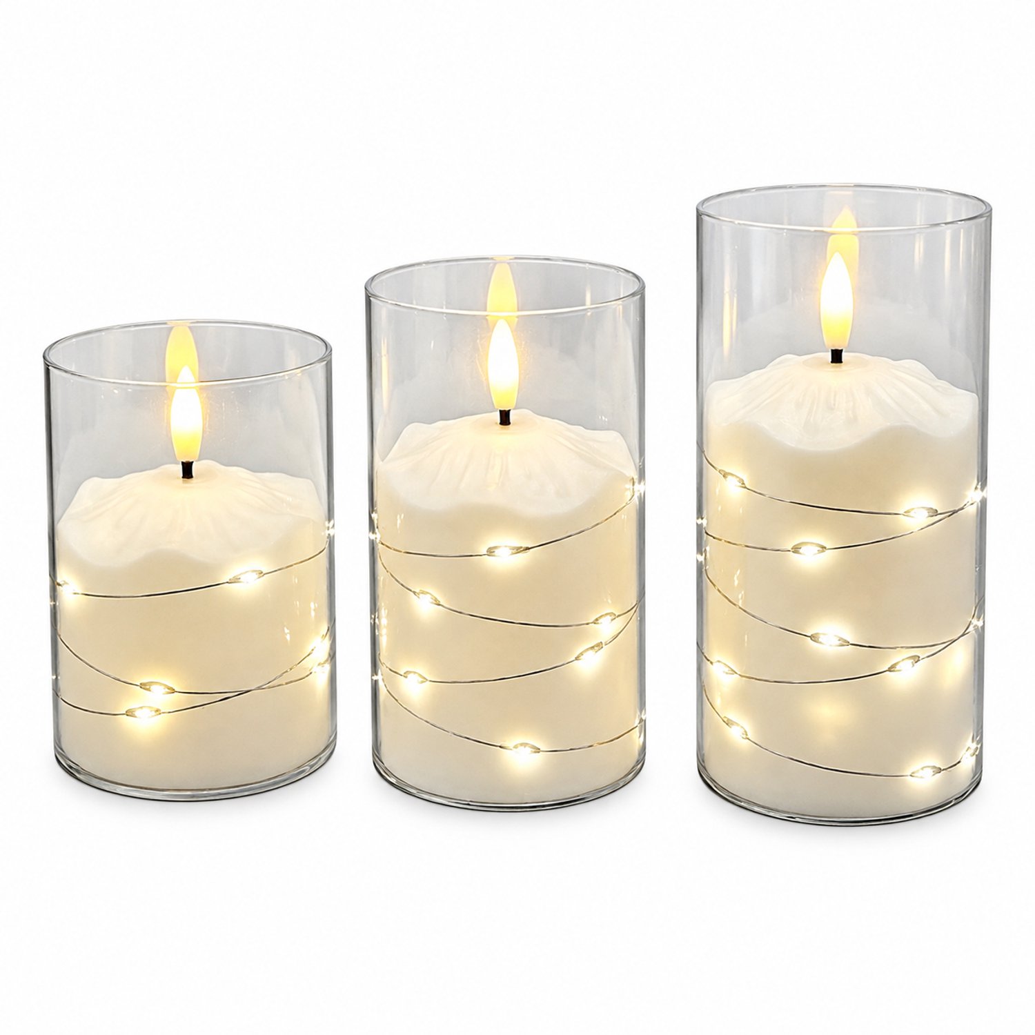 SWGOTA led kaarsen, set van 3 met warm vlamvormig licht, transparante cilindervorm en decoratief druipreliëf, zonder batterijen Zwart