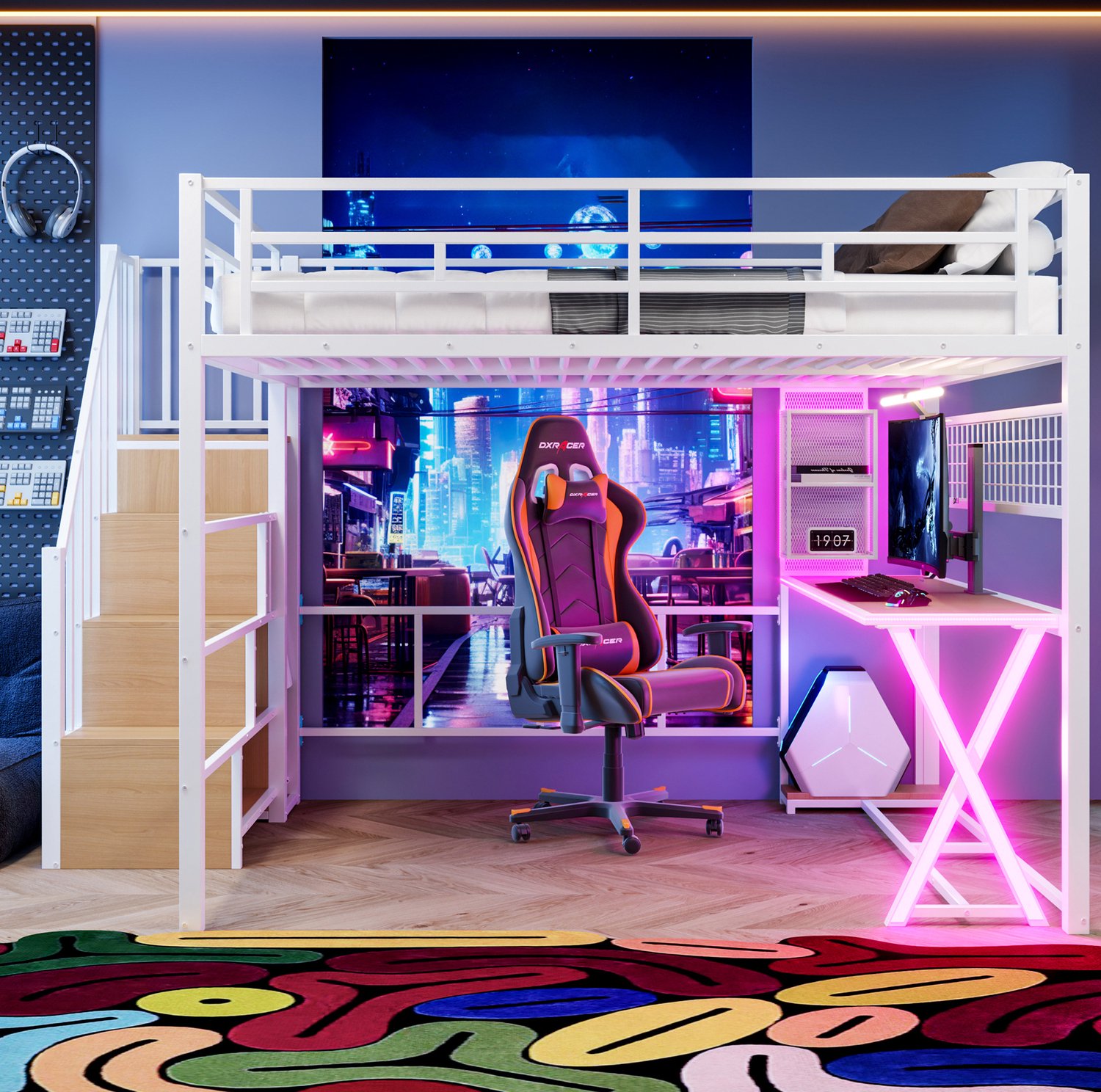 STILVORA Hoogslaper 160x200 cm – Met Ledlicht, Bureau En Kledingkast – Opbergladder En Planken – Slaapkamer – MDF En Metaal – Zonder Matras – Wit