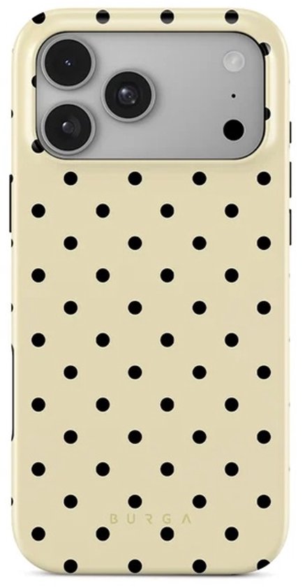 Crème-kleurig telefoonhoesje met zwart stippenpatroon en Burga-logo.