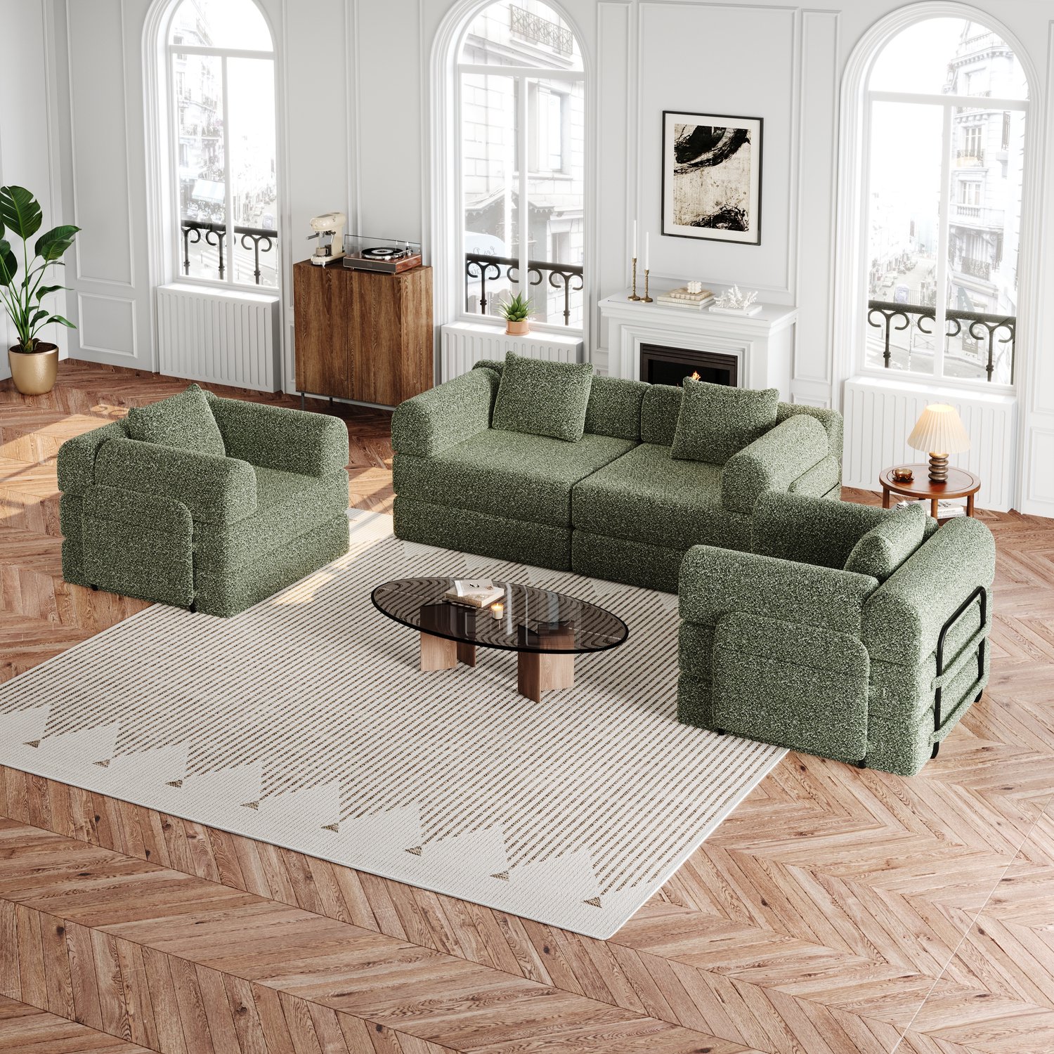 MIVRAY Slaapbank 183,8 x 91,4 x 69,8 cm - Twee-in-Een 4-Zits Met Armleuningopberging En Metalen Frame - Woonkamer - Chenille Groen