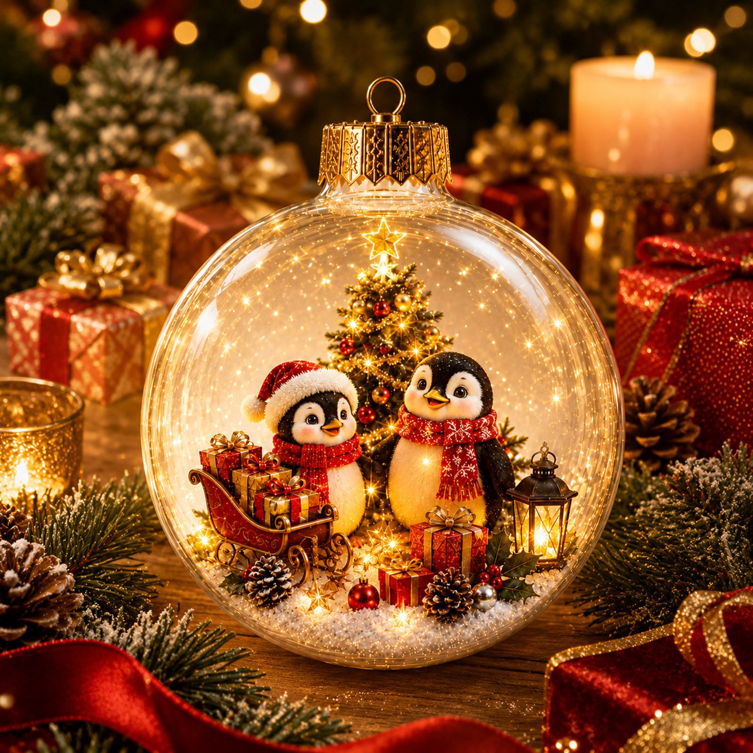 Verlichte transparante kerstbal ornament met pinguïn thema- 2D winter kerstprint- lichtgewicht PET kunststof- diameter 10 cm- met ophangring- feestdecoratie voor kerstboom- tafel en raam – foto 4