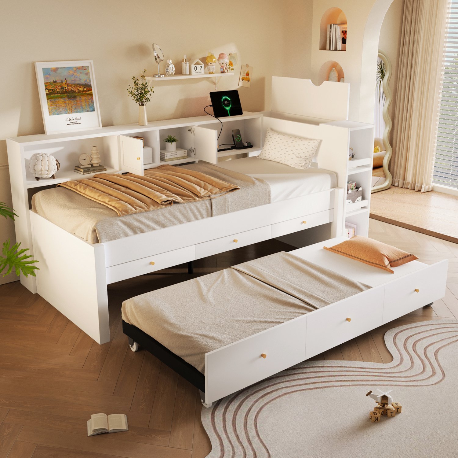 WUVRIE Eenpersoonsbed 90x200 cm - 3 lades, uitschuifbaar logeerbed en USB-aansluiting - Wit
