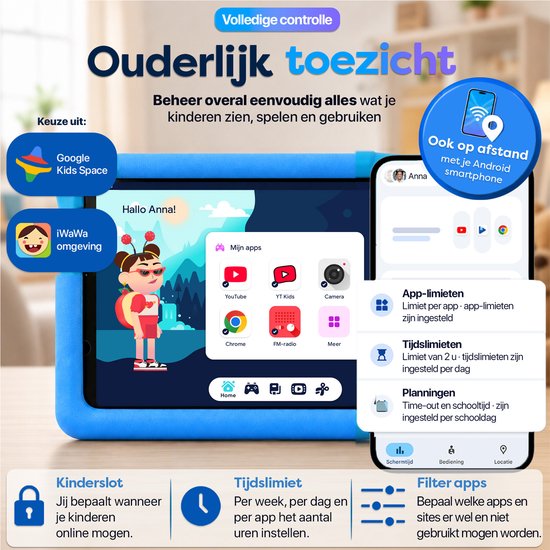 Interface voor ouderlijk toezicht op een tablet, met instellingen voor app-limieten, schermtijd en filtering.
