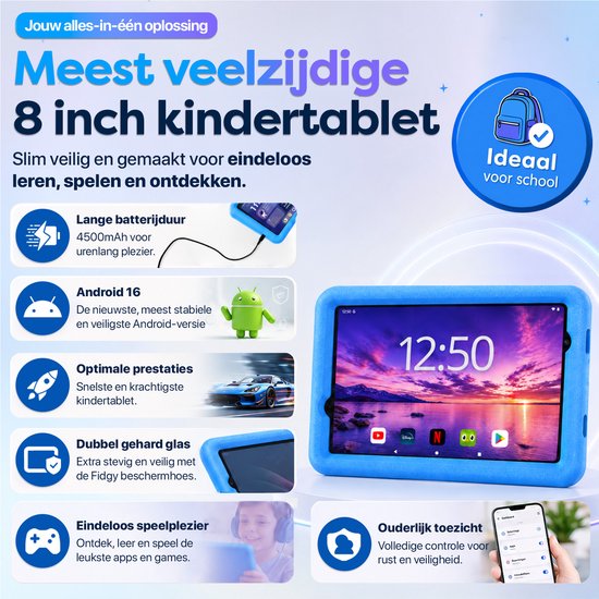 Veelzijdige 8 inch blauwe kindertablet met kenmerken zoals lange batterijduur, Android 16 en ouderlijk toezicht.
