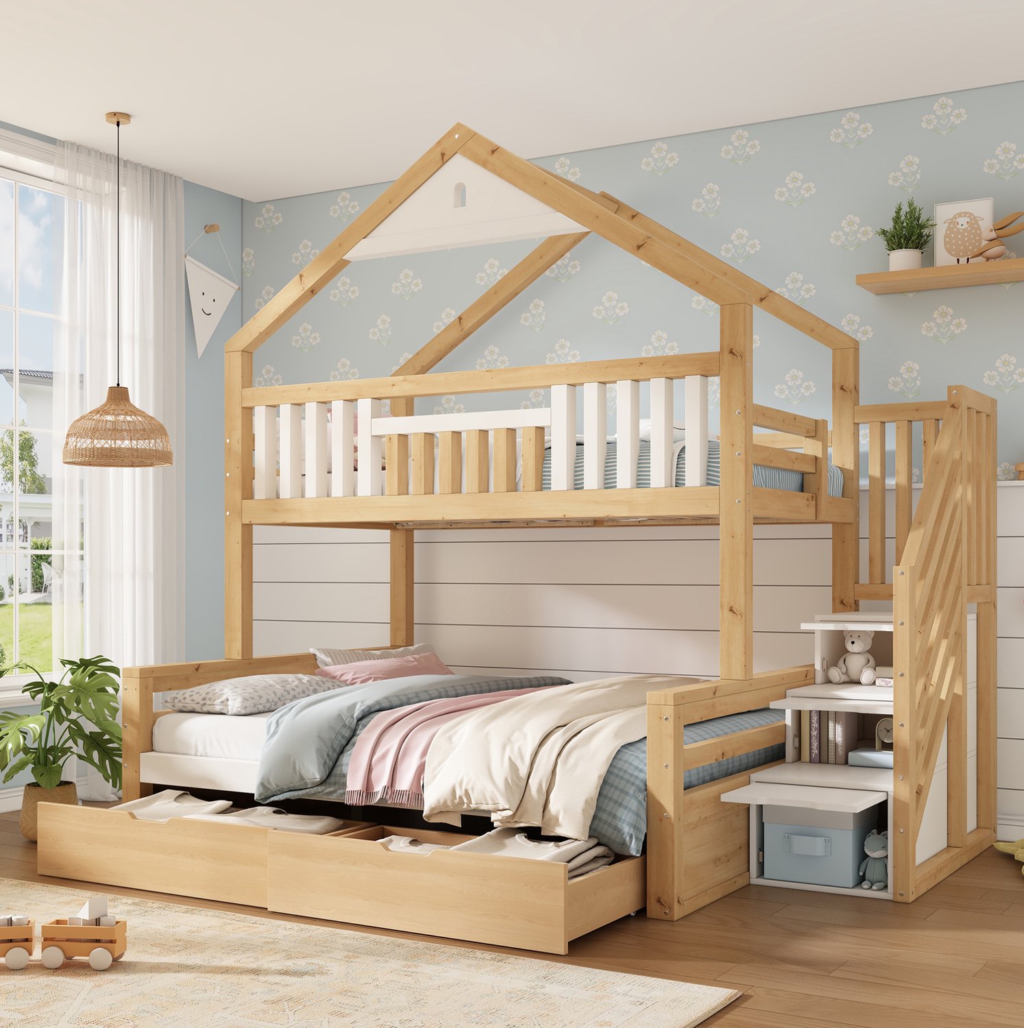 WUVRIE Stapelbed 90x200 en 140x200 cm - Trapkast, 2 lades en puntdak - Wit/eiken
