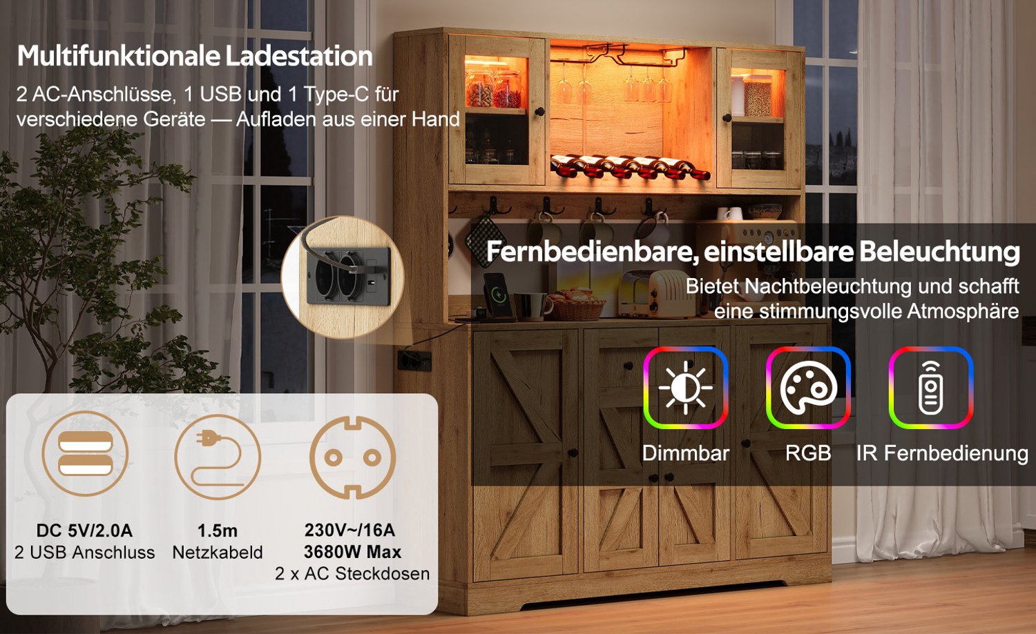 MODENUIT Keukenkast – 140 x 40 x 173 cm – MDF – Natuurlijk – RGB-Ledverlichting Met Stopcontacten en Wijnrek Natural