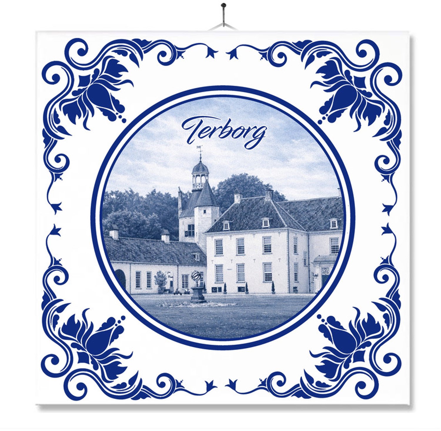 MC Living Tegel Met Opdruk | Terborg | Delft Blauw | Cadeau | Inclusief Geschenkdoos | Standaard | Ophangsysteem Ontwerp 1