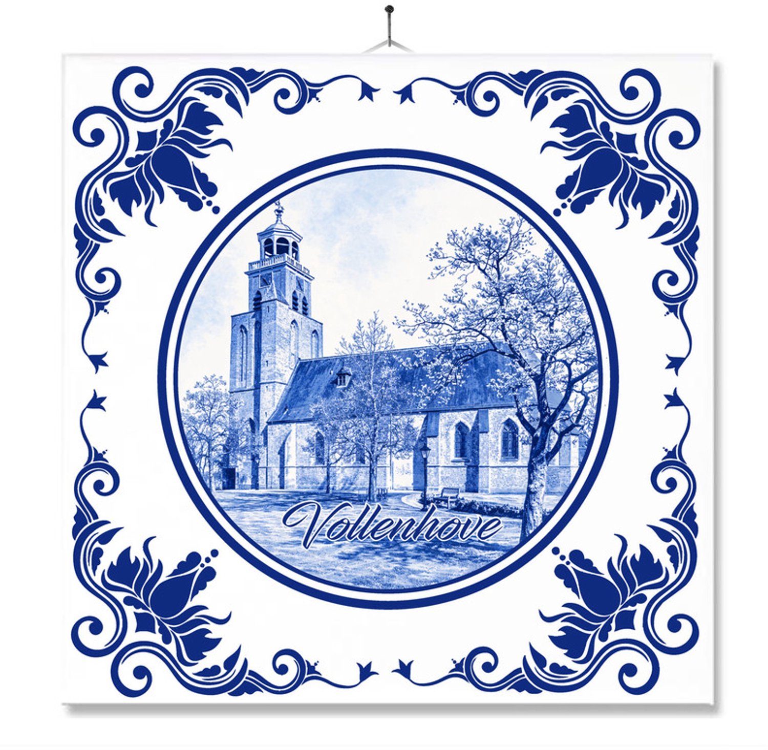 MC Living Tegel Met Opdruk | Vollenhove | Delft Blauw | Cadeau | Inclusief Geschenkdoos | Standaard | Ophangsysteem