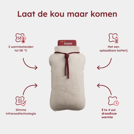 Beige Stoov Homey elektrische kruik met donkerrood koord, drie warmtestanden tot 58°C en oplaadbare batterij.