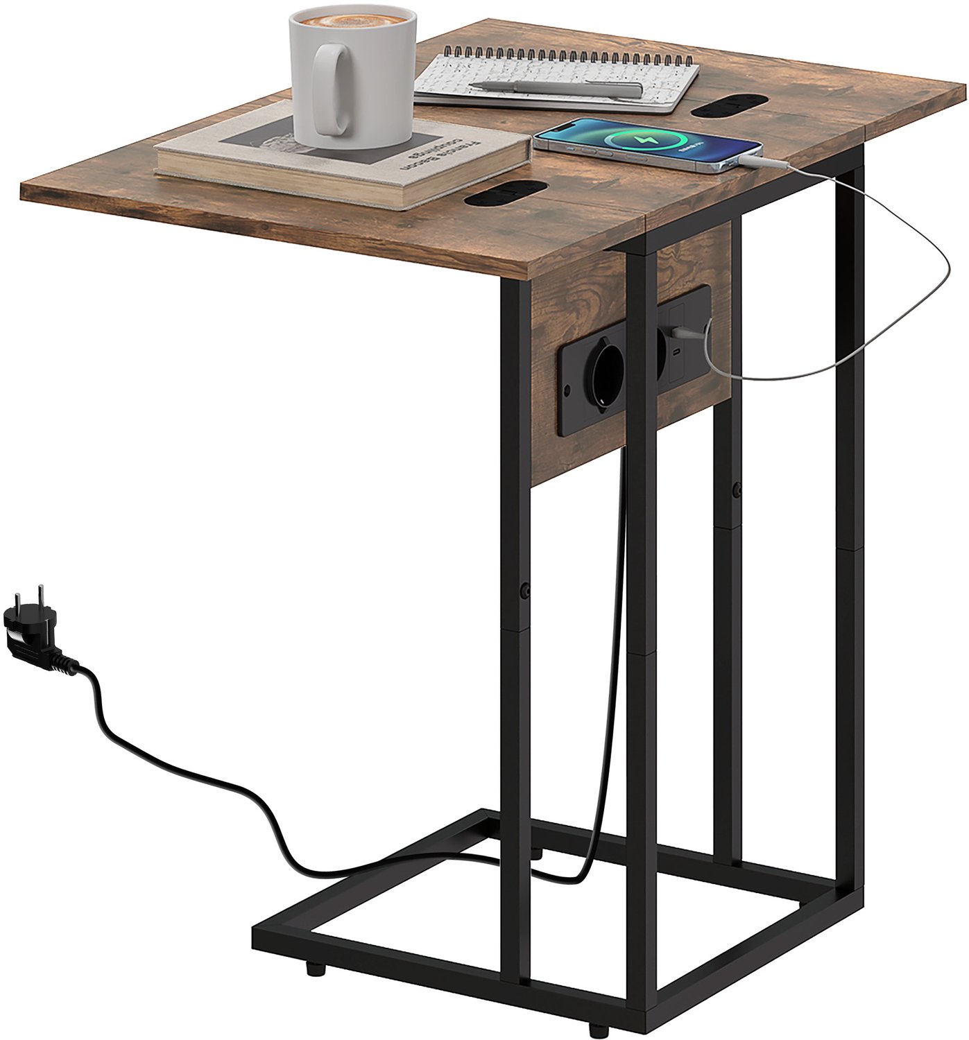 Lunpog Bijzettafeltje voor naast de bank met oplaadstation - opklapbaar blad - 39 x 29 x 57 cm - rustiek bruin en zwart