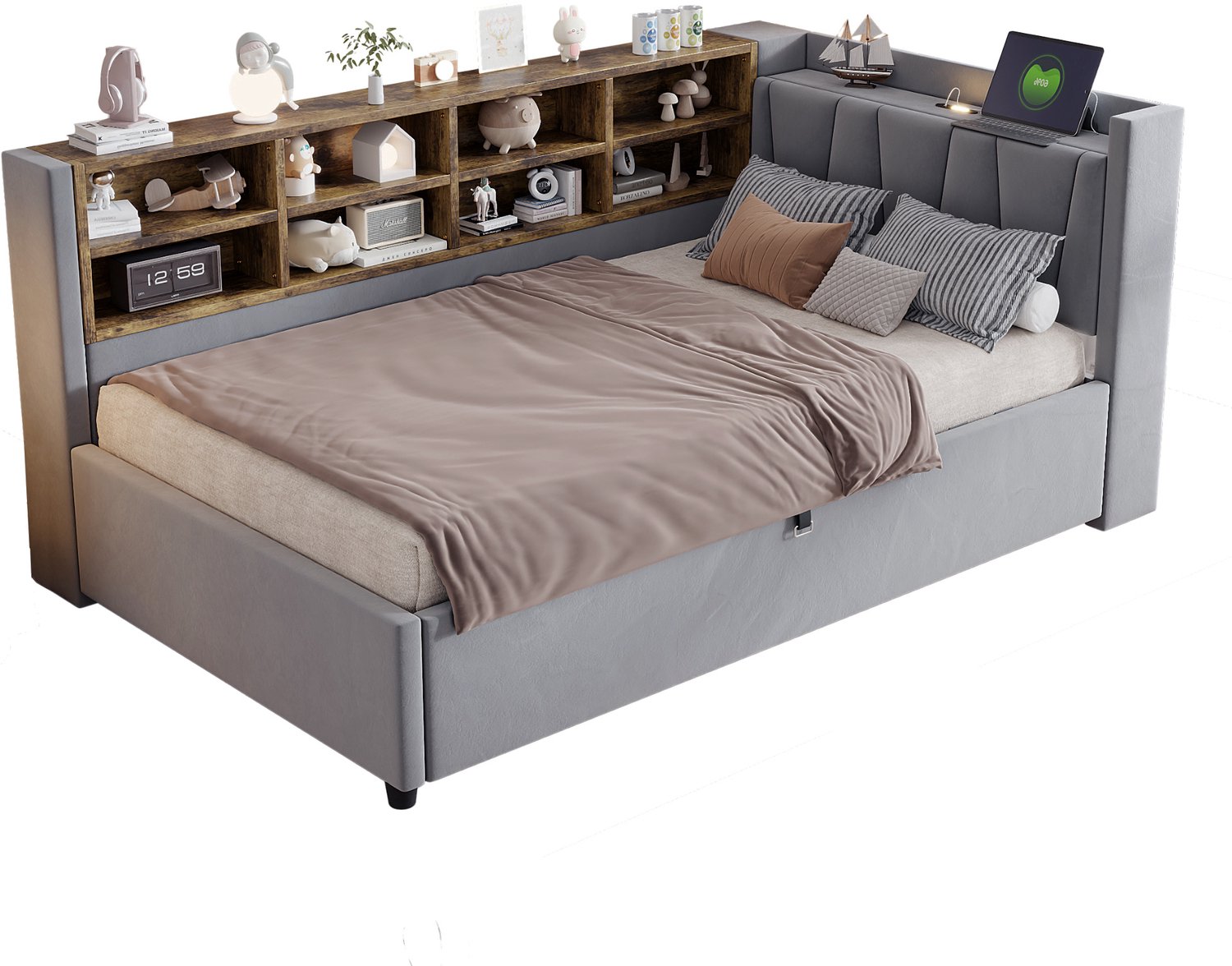 MUVANO Gestoffeerd bed 90x200 cm - Slaapbank - hydraulische opbergruimte - leeslampje, USB en USB-C - fluwelen bed lichtgrijs voor kleine kamers