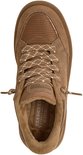 Bovenaanzicht van bruine suède sneaker met veters, 'SKECHERS STREET HIKERS MEMORY FOAM' binnenzool.